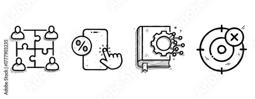 Teamwork puzzle, mobile interaction, knowledge, target icon set in black and white