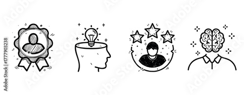 Award badge, creative thinking, excellence, brain power icons