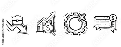 Hand-drawn business icons: profit, growth, settings, communication