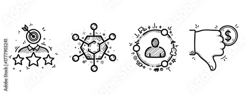 Business icons: target, network, profile, dislike cartoon drawings