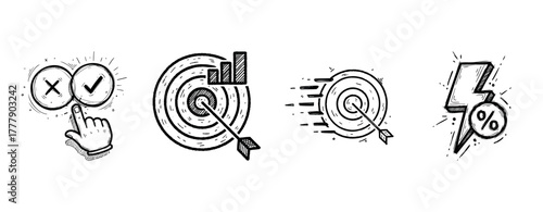 Hand-drawn icons: decision making, target focus, rapid progress, and energy efficiency