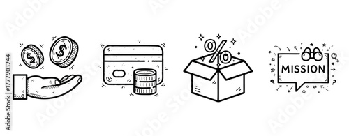 Hand with coins, credit card with coins, discount box, mission icon