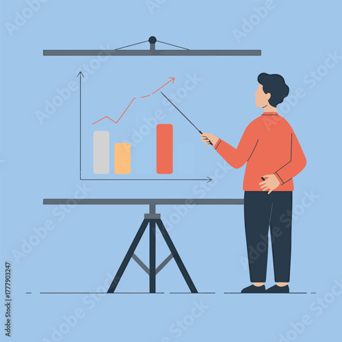 Man in orange shirt pointing at upward trending graph on projector screen chart presentation