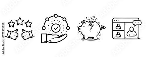 Hand-drawn concept icons: customer satisfaction, reliability, savings, communication