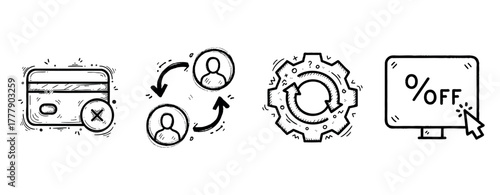 Hand-drawn icons of payment error, user exchange, gear update, and discount screen