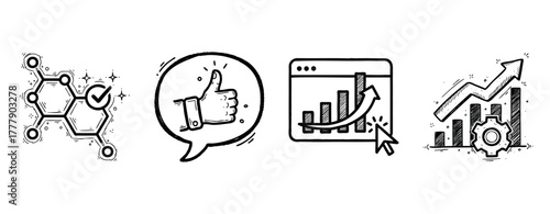 Hand-drawn business success icons featuring charts and analytics symbols