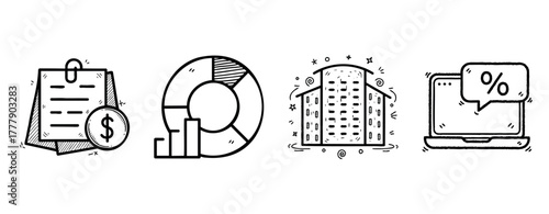 Hand-drawn shopping list, chart, warehouse, and laptop icons with percentage sign