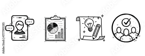 Hand-drawn icon set: user profile, data chart, creative idea, team collaboration