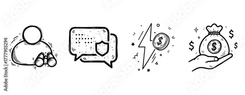Set of hand-drawn financial icons: savings, communication, investment