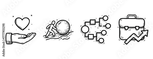 Conceptual icons: heart, perseverance, workflow, business growth