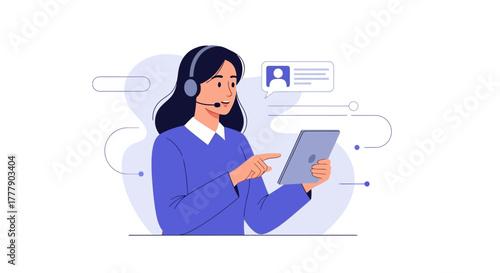 Customer Service Representative Assisting Client Online with Digital Tablet Vector Illustration