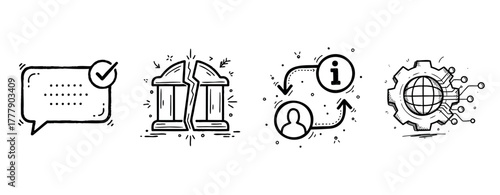 Communication icons: information exchange, legal dispute, global technology, collaboration