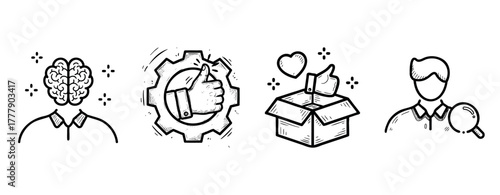 Hand-drawn icons of brainstorming, gear, heart, package, and male figure