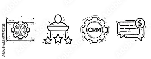 Customer relationship management and feedback icons in hand-drawn style