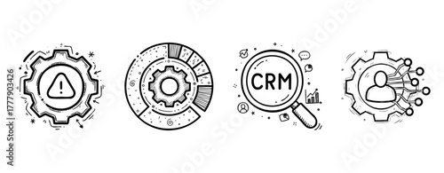 Hand-drawn business icons: gear warning, statistical graph, crm magnifying glass, network connections