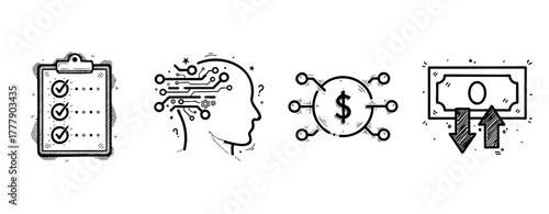 Checklist, ai thoughts, financial growth, currency devaluation icons