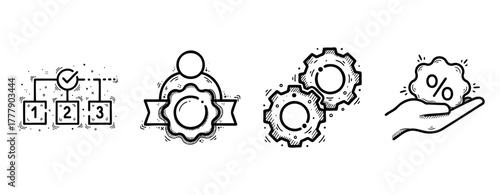 Quality assurance, certification badge, gear setup, discount offer icons