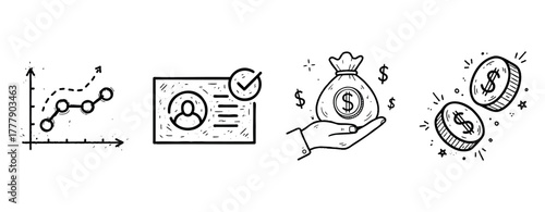Financial growth and management: graph, id verification, money bag, coins