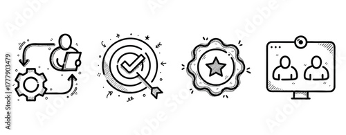 Business process icons: workflow, target, quality, online meeting concepts