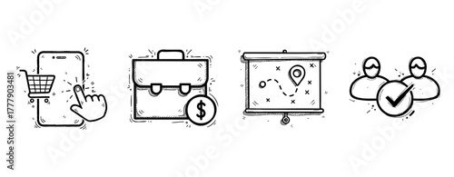 Hand-drawn business icons of e-commerce, briefcase, map, and teamwork