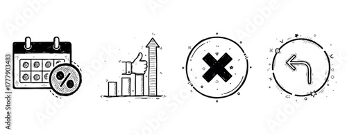 Hand-drawn icons: calendar, chart, cross, arrow illustrations