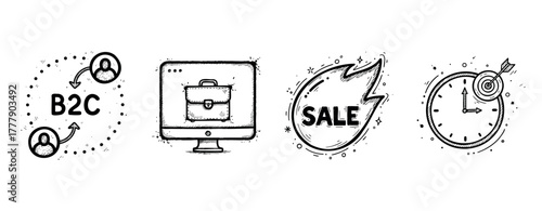 B2c sketch icons: client interaction, online shopping, exciting sale, time management