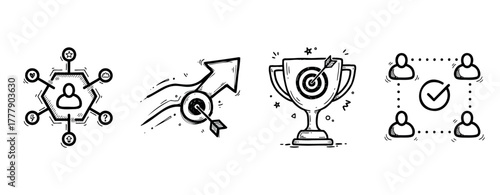 Hand-drawn business icons: growth, success, networking, and achievement symbols