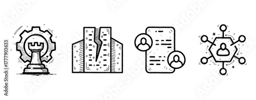 Black and white icons: chess, circuit, chat, network connections