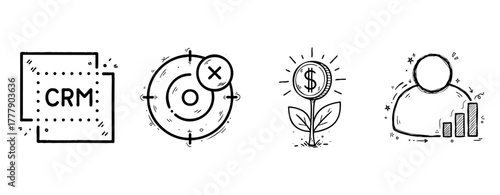 Hand-drawn icons of crm, target, money growth, user analytics
