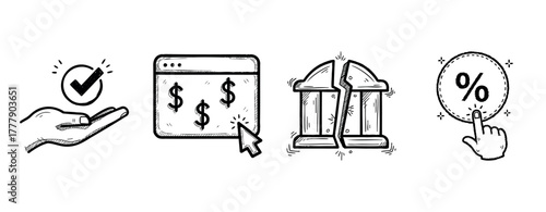 Financial icons: transaction approval, payment click, banking, interest rate