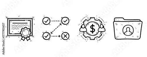 Hand-drawn business icons: certificate, decision flowchart, financial management, user profile