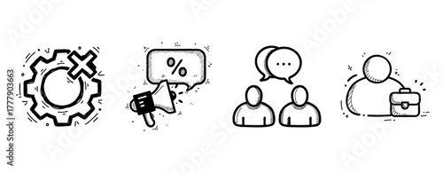 Hand-drawn business icons: gender equality, marketing, communication, collaboration