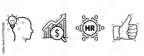 Creative business icons: innovation, growth, hr, approval in hand-drawn style