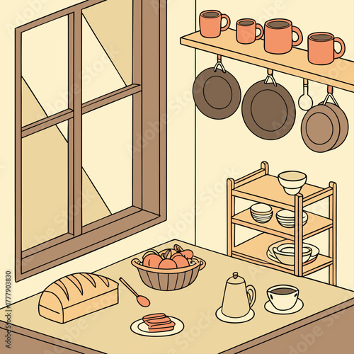 Illustration of kitchen utensils on a table
