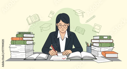 Dedicated Professional Woman Engaged In Academic Pursuits Surrounded By Books And Materials