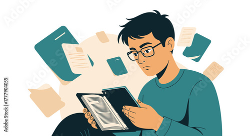 Focused Reader Reading Notebook With Documents And A Clean Minimalist Aesthetic