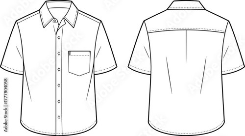 Men’s short sleeve shirt flat sketch front and back view, classic casual button-up shirt design template, fashion technical drawing for apparel design, cad drawing flat vector illustration