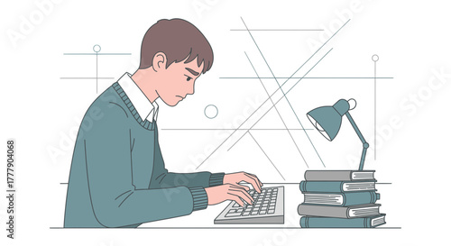 Focused Individual Working late, Writing on Computer Under a Desk Lamp Amidst Books