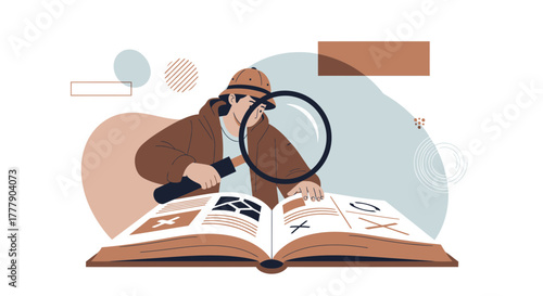 Detective Exploring an Open Book With a Magnifying Glass in Detailed Vector Art