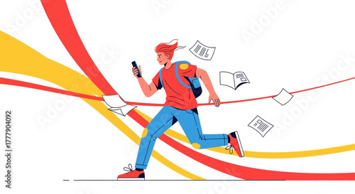 Digital Native Man Sprinting With Phone Amongst Documents and Abstract Colors