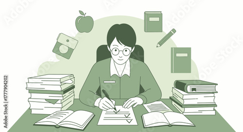 Focused Student Tackling Academic Tasks Amidst School Supplies and Study Materials