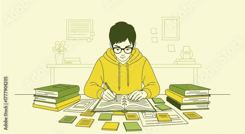 Focused Student Working Diligently At Desk, Concentrating On His Current Journal