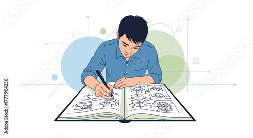 Focused Young Man Sketching Architectural Diagrams in a Notebook Study Session