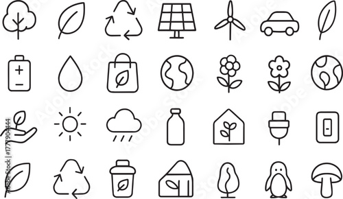 Eco-friendly line icons: green energy, nature, and environment