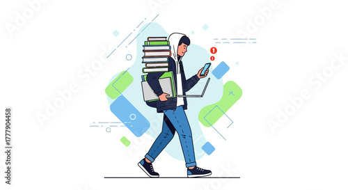 Illustration Of A Person Carrying Books And Technology While Walking