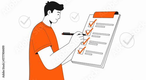 Illustration Of A Person Working On A List With Checkmarks, Doing Task And Planning.