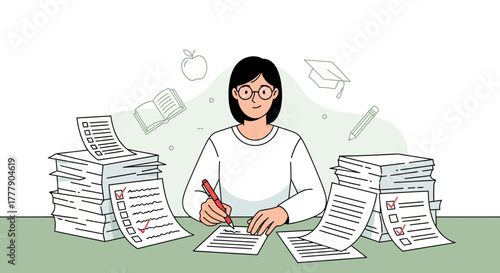 Illustration Of A Woman Working At Her Desk Surrounded By Papers and Educational Items