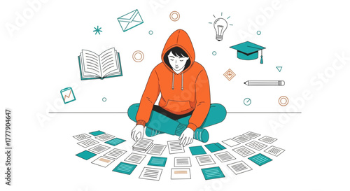 Illustration Of Young Person Study Researching And Organizing Documents For Project