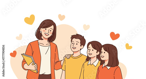 Joyful Group Celebrating Together With Teacher or Mentor and Lovely Heart Symbols