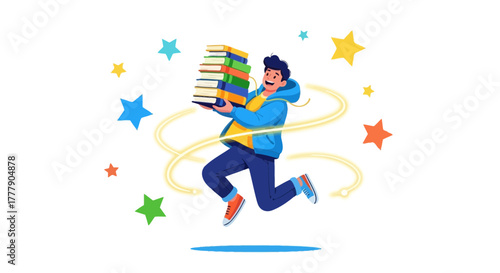 Joyful Student Carries Tower Of Books, Displaying Knowledge And Excitement In Education